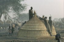 Dinka women thatching hut in cattle camp.