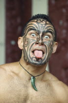 Polynesian Cultural Centre.  Man demonstrating traditional New Zealand Maori greeting.PLEASE CREDIT POLYNESIAN CULTURAL CENTRE Center