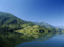 View over Lake Phewa with reflected terrace hillside and trees.