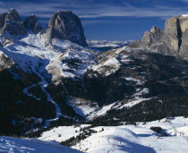 Val di Fassa. Belvedere. View down mountain side of ski resort