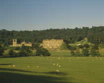 View towards exterior facade over grazing sheep in pasture in foreground and with trees behind.
