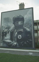 Nationalist mural depicting a boy wearing a Gas Mask on the Bogside.Londonderry