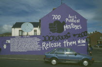 Mural listing the names of Irish Political Hostages in the Bogside area.Londonderry