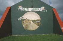 Reverse side of the Now Entering Free Derry Gable Wall  Mural depicting British Soldiers leaving on the road to London from the Bogside area.Londonderry