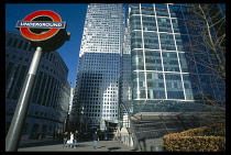 Canary Wharf. View of the tower at 1 Canada Squre with Underground in the foreground.  Tube