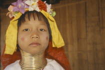 Portrait of young Paduang girl  long neck  metal rings.
