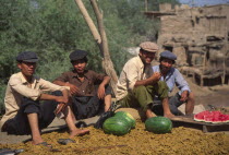 Group of Tajik men sat on ground eating water melon