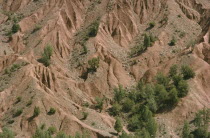 Aerial view over eroded rock and scree slopes.