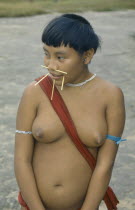 Portrait of Yanomami woman with facial piercings.Brasil  Ianomami Brazil Sanuma