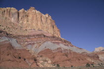 Capitol Reef National Park. Towering ochre and white and red rock walls displaying sedimentary layersCenter Centre