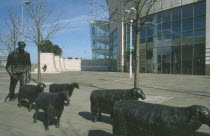 Shepherd and Sheep sculpture by artist Deborah Brown  in the grounds of the Waterfront Hall Lanyon PlaceLanyon Place sheep in the Road