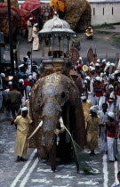 The Esala Perahera honouring the sacred Buddhist tooth relic of Kandy.  The Maligawa Tusker elephant carries a replica of the golden  relic casket.Perahera means procession.