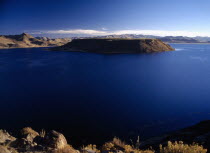 Lake Ayumara with island in the centre of the blue water