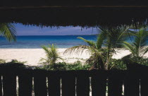 View of beach and sea through palms framed by a thatched hut