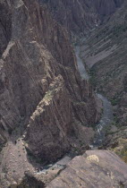 Black Canyon of the Gunnison National Monument. View over Gunnison River at the bottom of steep rocky canyon