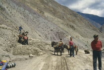 Men with donkeys at landslide