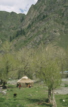 Kazak Yurt. Tent house with family outside