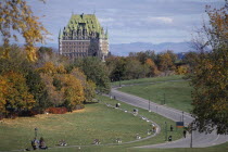 View over Abrahams Park with autumnal coloured trees toward Chateau Frontenac