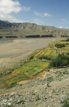 Yellow River with agricultural land in foreground and rugged landscape on the opposite bank
