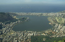 Aerial view over Lake Rodrego de Freitas and surrounding area with the sea beyond