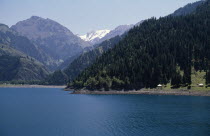 View over lake toward pine forests covering mountainous landscape