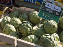 Artichokes on sale at the market in the town of Rouille.