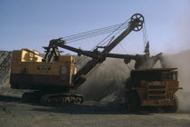 Extraction of iron ore by machinery in mine.