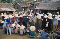 Village market near Mings Tomb with women wearing conical hats gathered around stalls selling fish and other food stuffs