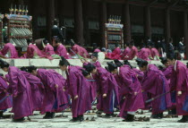 Homage being paid at the shrine containing the memorial tablets of Koreas Yi Dynasty