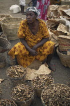 Female vendor with baskets of dried fish for sale at market.West Africa