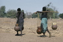 Chadian refugee women carrying water vessels hanging from pole across their shoulders from well in settlement near El Geneina.