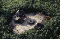 Aerial view over Dinka settlement in maize and sorghum fields.