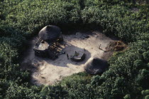 Aerial view over Dinka settlement in maize and sorghum fields.