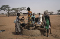 Women and young girls drawing water from well in desert area with goat herd and village compound behind. Kurdufan