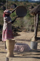 Woman winnowing grain.African Eastern Africa Mozambiquean Female Women Girl Lady Female Woman Girl Lady Agriculture Farm Farming Agraian Agricultural Growing Husbandry  Land Producing Raising