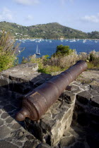 Canon on the 18th Century Hamilton Battery overlooking Admiralty Bay and moored yachts