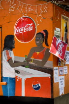Wall painting on a bar depicting woman selling drinks to a man from an ice cooler
