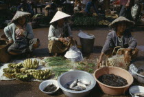 Female vendors at market stall selling onions  chillies  bananas and fish.