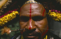 Melpaz speaking Huli tribesman in body paint and head dress.  Portrait.
