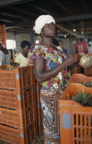 Women trimming and packing pineapples.Cte d Ivoire