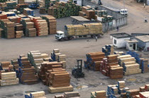 Stacked timber waiting for shipment at San Pdro port.Cte d Ivoire
