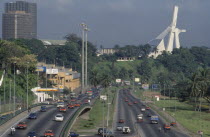 Cityscape with multi-lane traffic and modern exterior of St Paul s CathedralCte d Ivoire  Cathdrale St-Paul