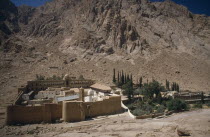 Greek Orthodox Monastery founded in AD 527 by Emperor Justinian.  Walled complex and gardens at the foot of Mount Sinai.