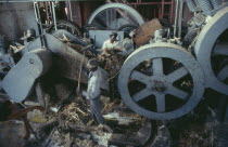 Workers in rum distillery interior.