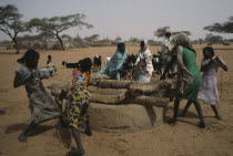 Women and children drawing water from well with goat herd in barren landscape and village compound beyond. Kurdufan
