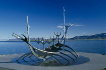 Near klapparstigur. Viking Ship sculpture called the SuncraftDesigned by Jon Gunnar Arnason