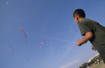 Kite festival at Sanam Luang  February. Boy flying one in foreground  many others in sky.