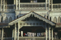 Old Dispensary.  Detail of carved porch and balconies. Unguja  Unguja