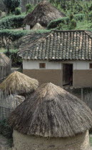 Rondavel thatch next to more modern tiled roof home.