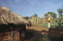 Uganda, Jinja, Houses in countryside woman carrying container on her head.